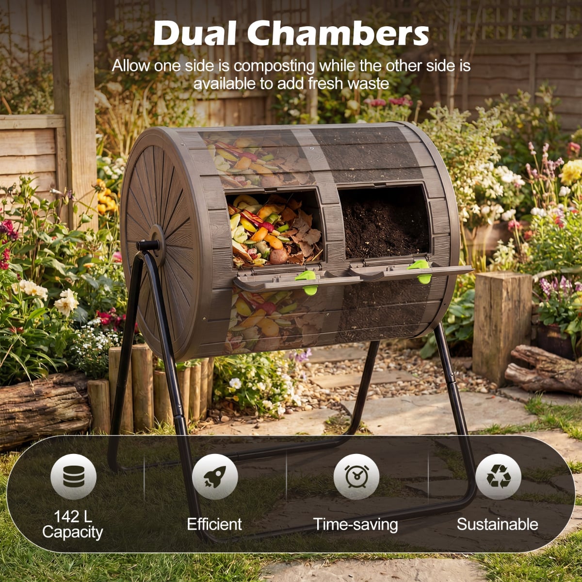142  Large Outdoor Compost Tumbler with Dual Chambers-Coffee