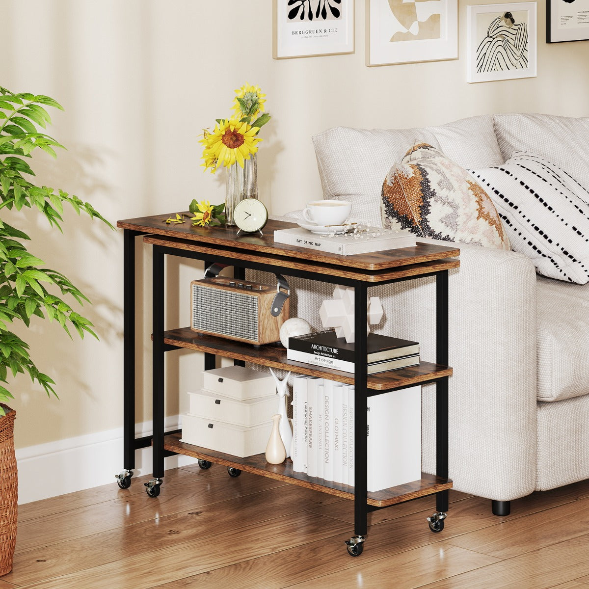 360° Free Rotating Sofa Side Table with Swivel and Sliding Tabletop-Rustic Brown