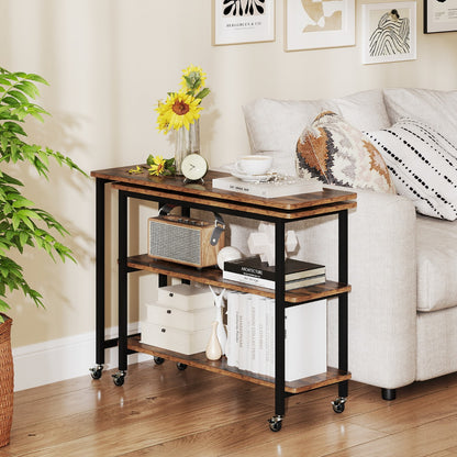 360° Free Rotating Sofa Side Table with Swivel and Sliding Tabletop-Rustic Brown