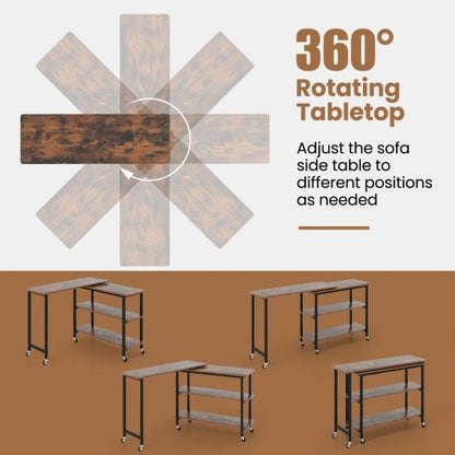 360° Free Rotating Sofa Side Table with Swivel and Sliding Tabletop-Rustic Brown