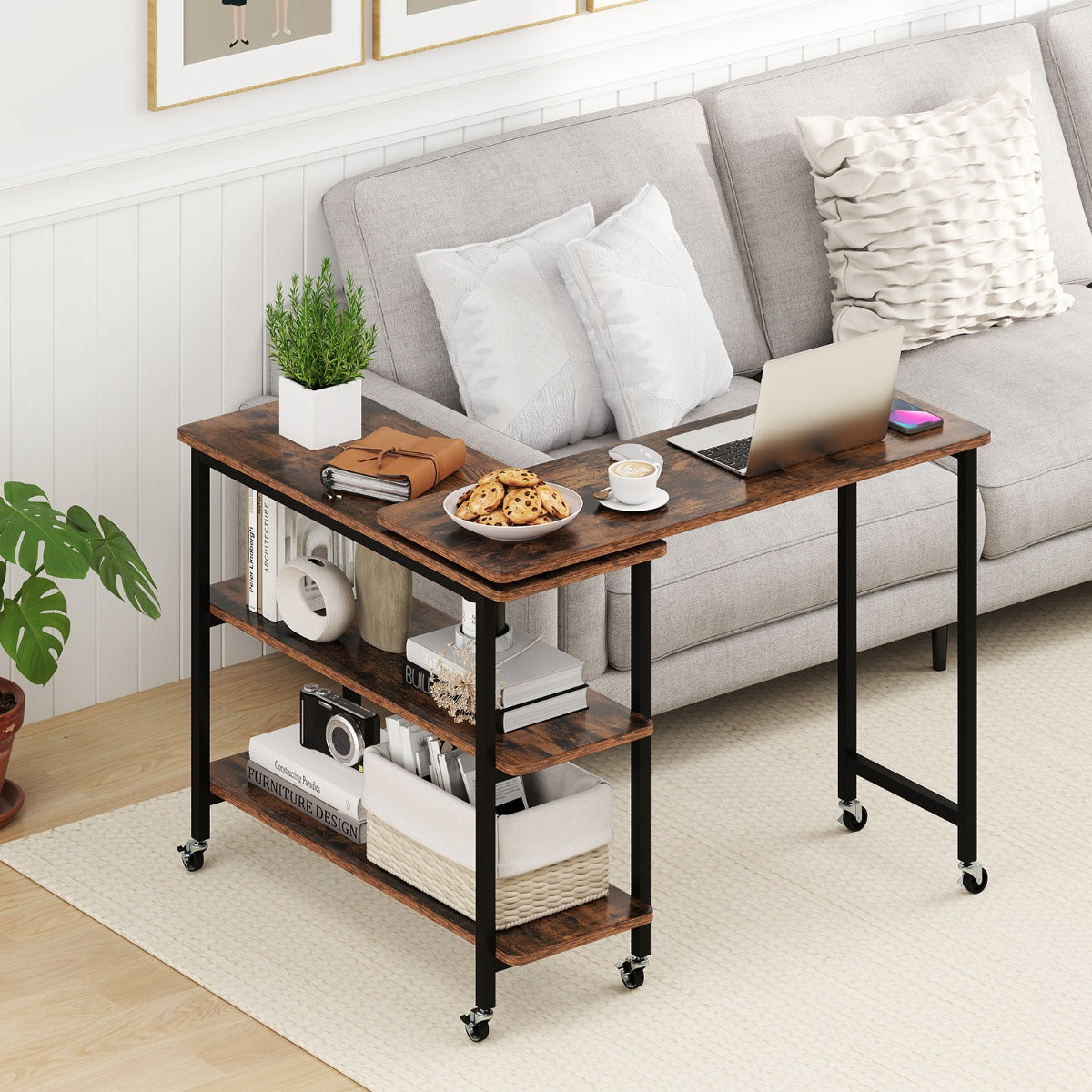360° Free Rotating Sofa Side Table with Swivel and Sliding Tabletop-Rustic Brown