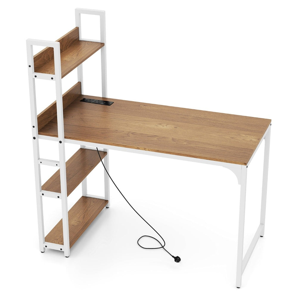 Computer Desk with Power Strip 120 CM Study Writing Desk with Bookshelf-Natural
