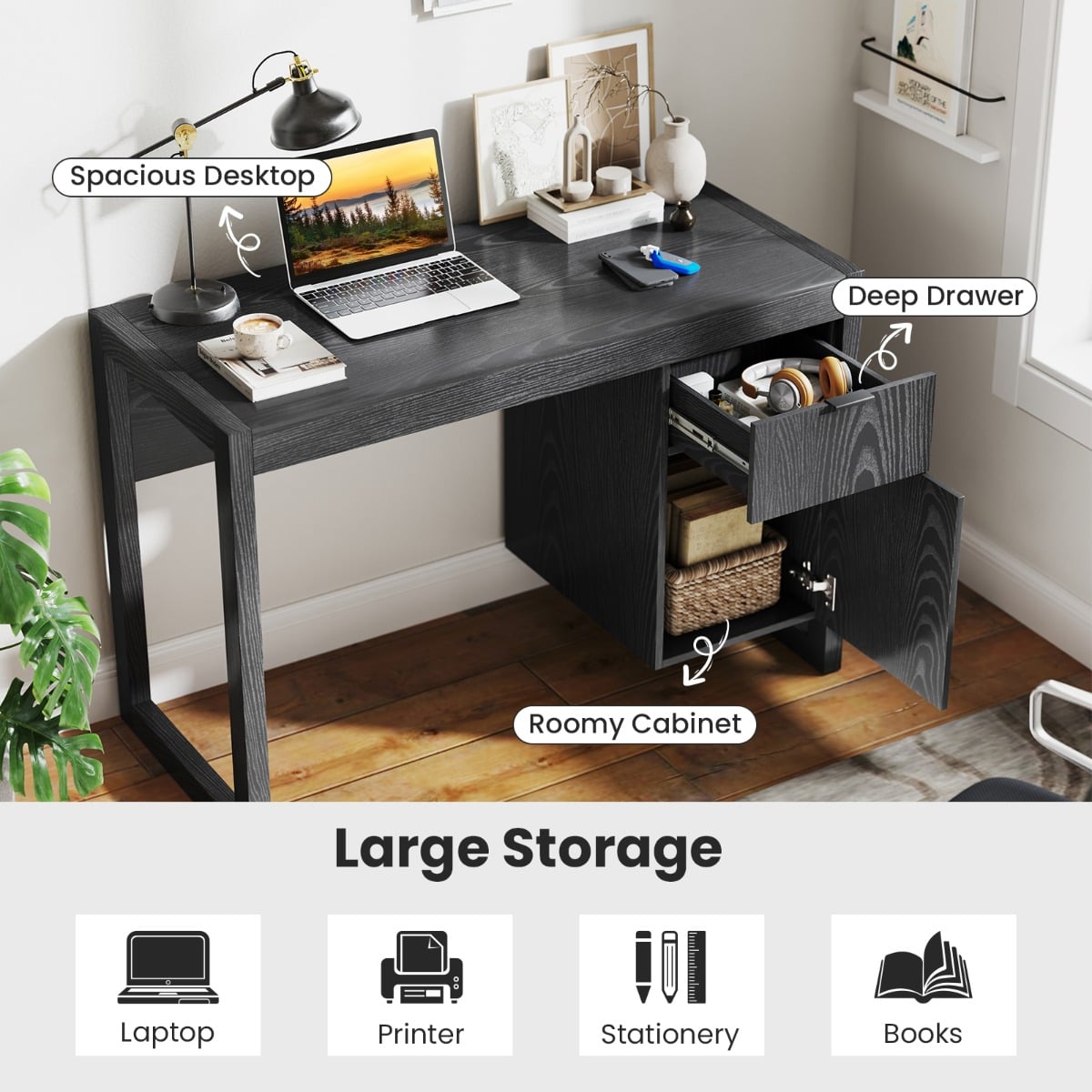 Wooden Computer Desk with Drawer and Cabinet-Black