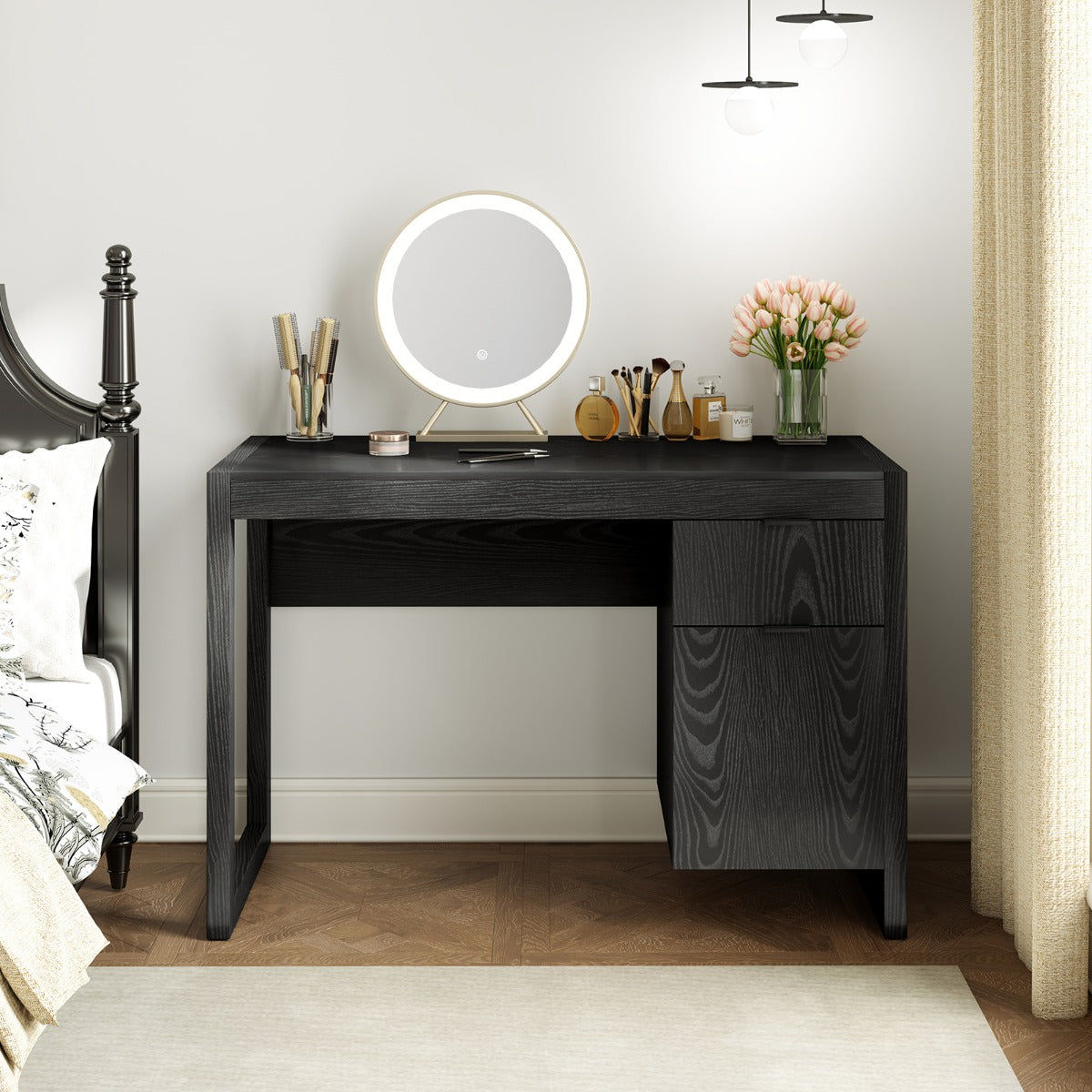 Wooden Computer Desk with Drawer and Cabinet-Black