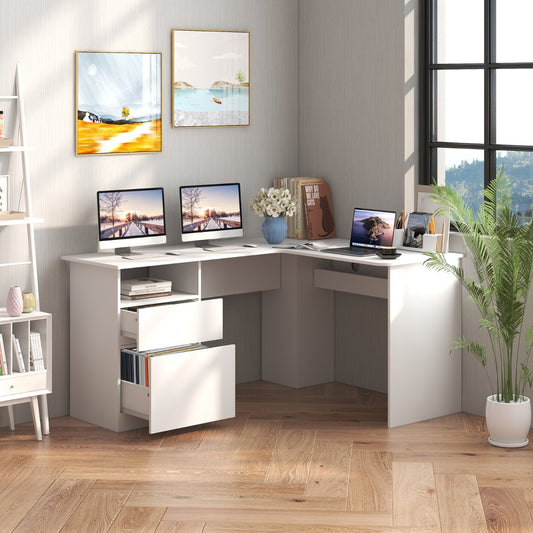 L Shaped Computer Desk with Letter File Drawer and Open Compartment-White