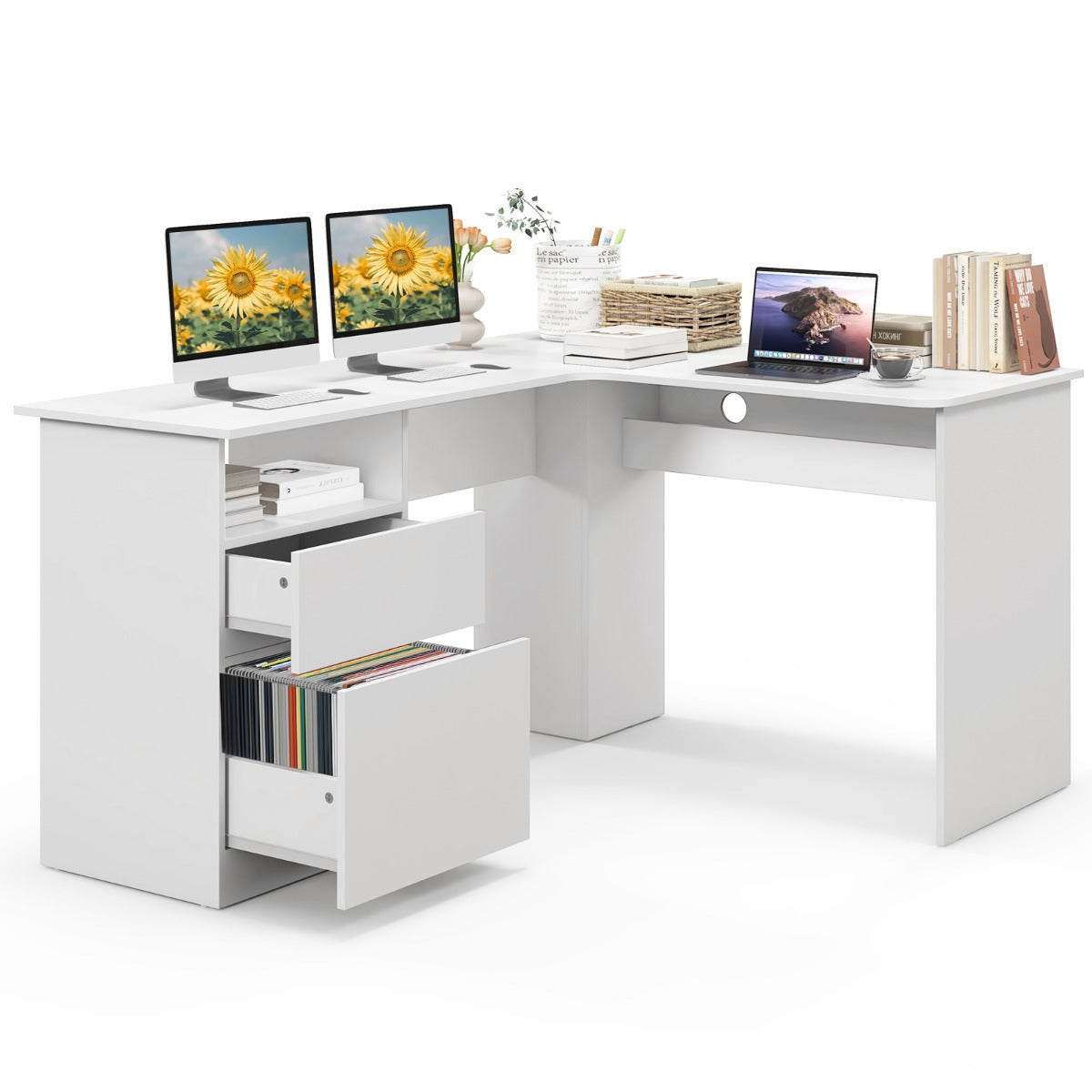 L Shaped Computer Desk with Letter File Drawer and Open Compartment-White