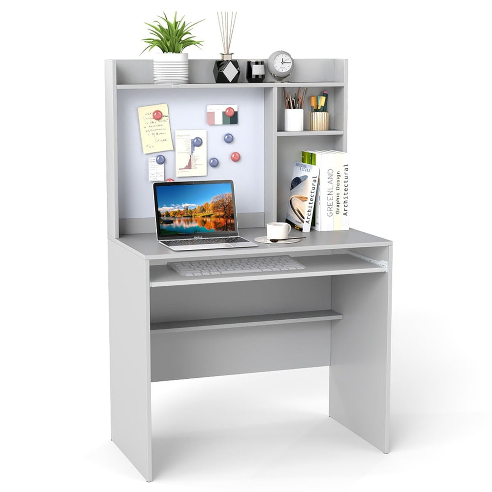Computer Desk with Magnetic Bulletin Board and Keyboard Tray-Grey