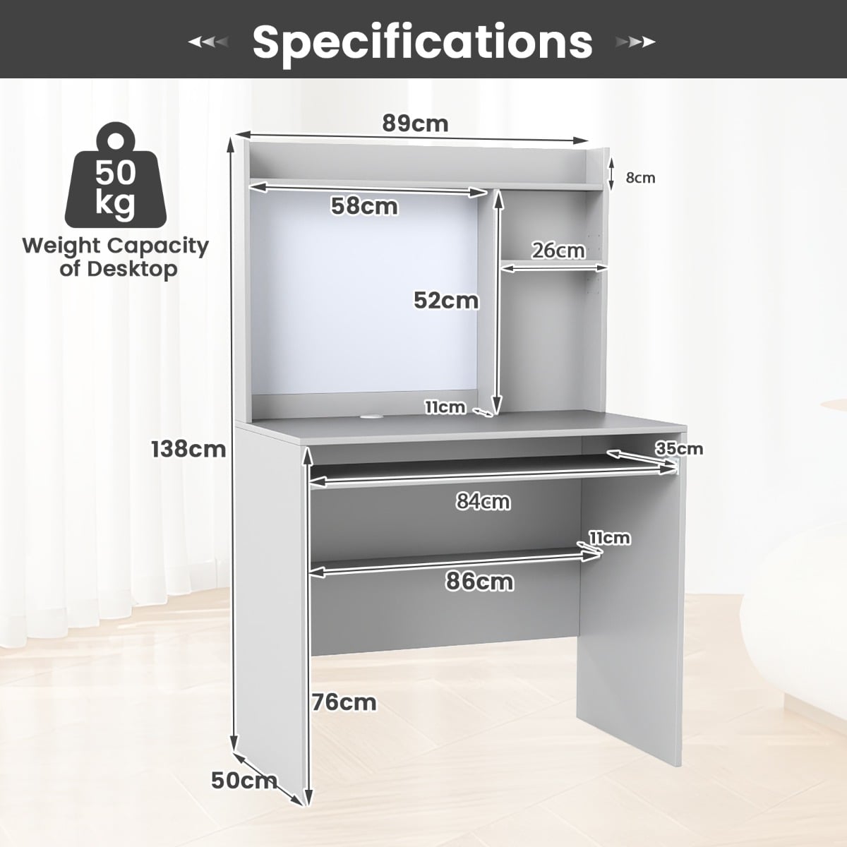 Computer Desk with Magnetic Bulletin Board and Keyboard Tray-Grey