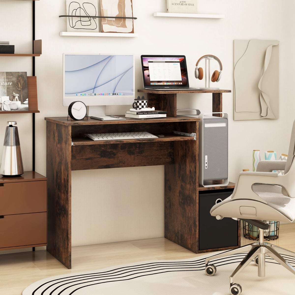 Space-saving Computer Desk with Open Shelf and Fabric Storage Drawer-Rustic Brown