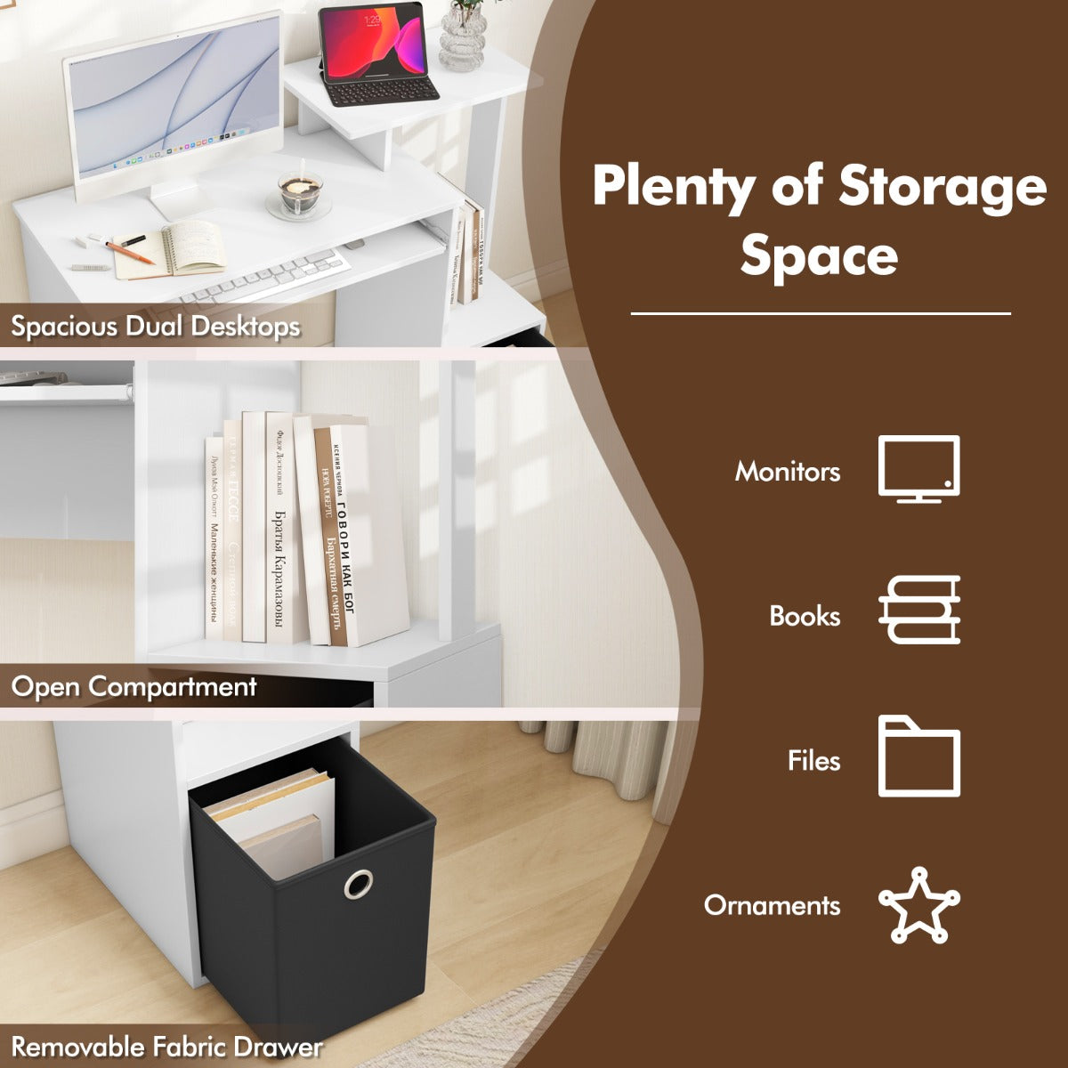 Space-saving Computer Desk with Open Shelf and Fabric Storage Drawer-White