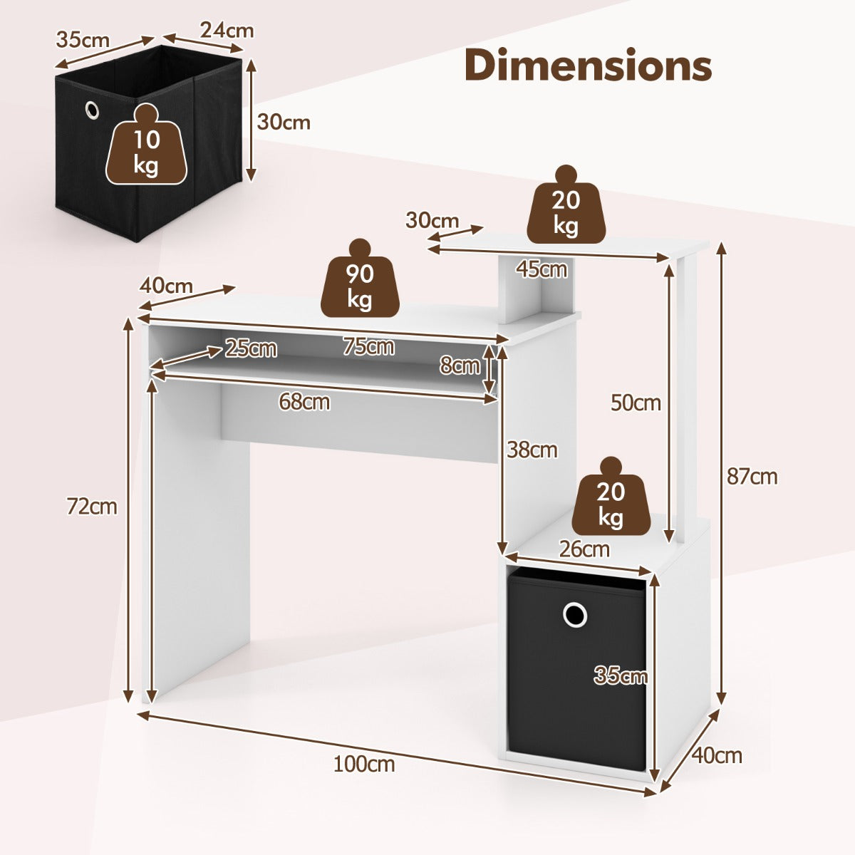 Space-saving Computer Desk with Open Shelf and Fabric Storage Drawer-White
