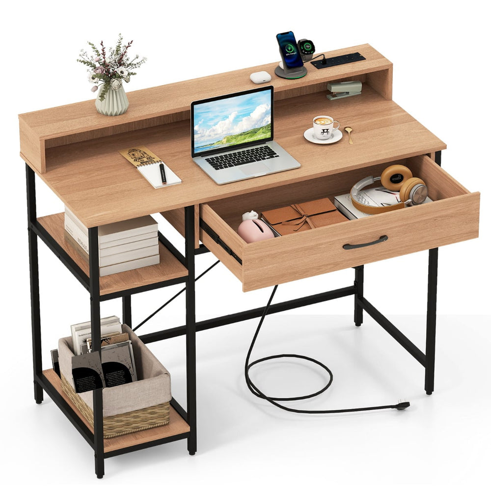 Computer Desk with Power Outlets and Top Shelf-Natural
