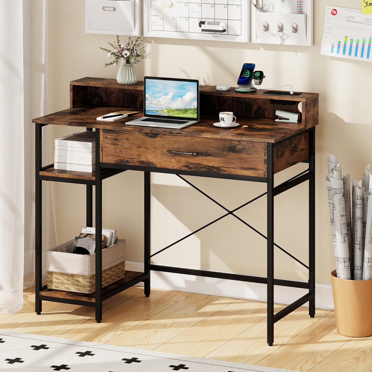 Computer Desk with Power Outlets and Top Shelf-Rustic Brown