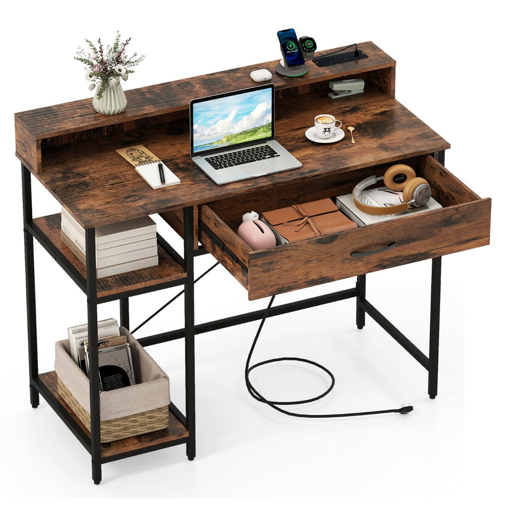 Computer Desk with Power Outlets and Top Shelf-Rustic Brown