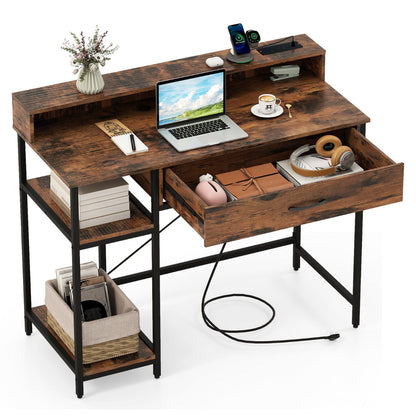 Computer Desk with Power Outlets and Top Shelf-Rustic Brown