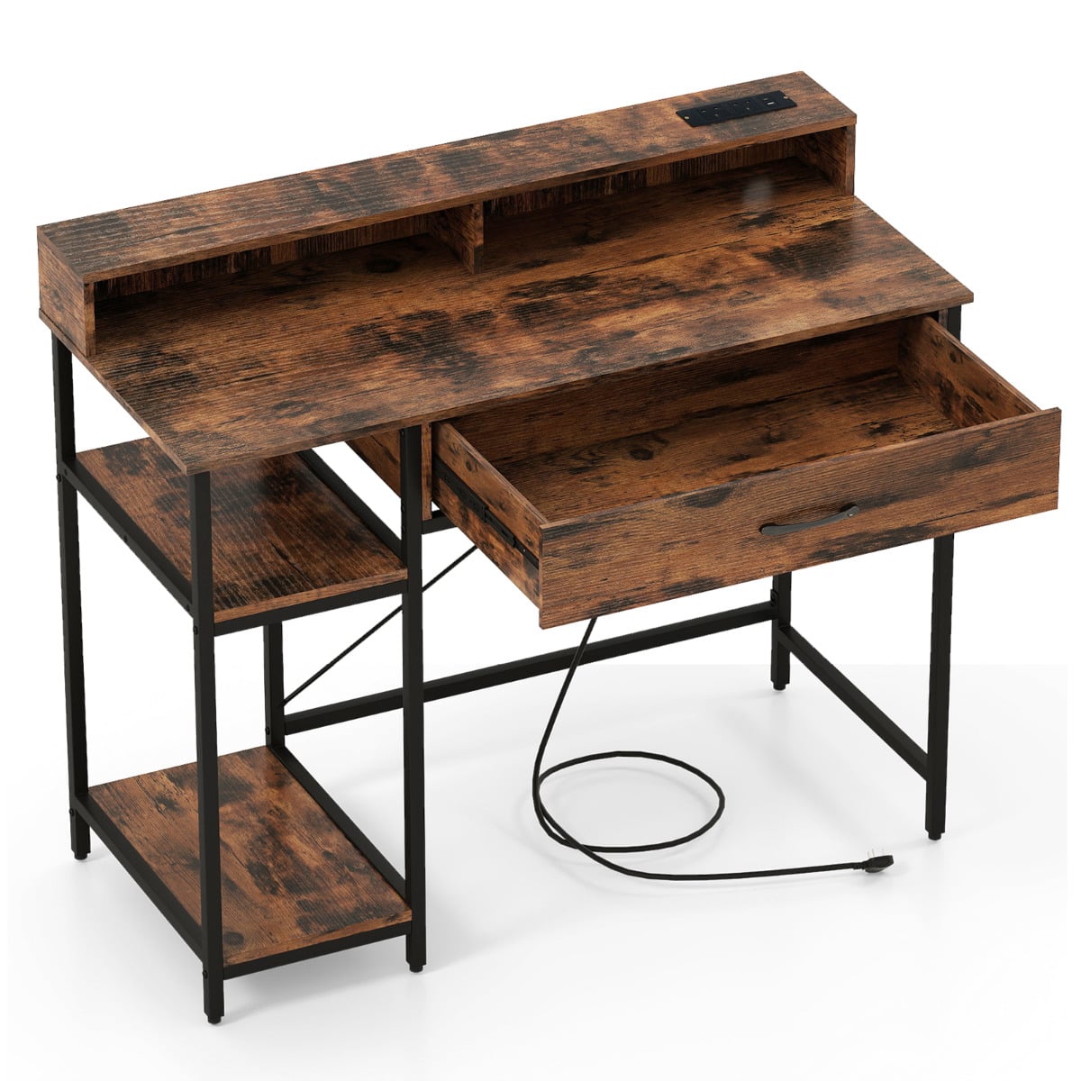 Computer Desk with Power Outlets and Top Shelf-Rustic Brown