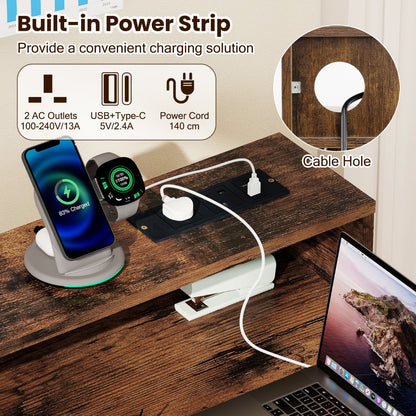 Computer Desk with Power Outlets and Top Shelf-Rustic Brown