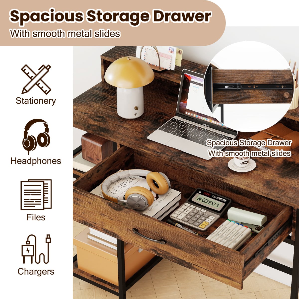 Computer Desk with Power Outlets and Top Shelf-Rustic Brown