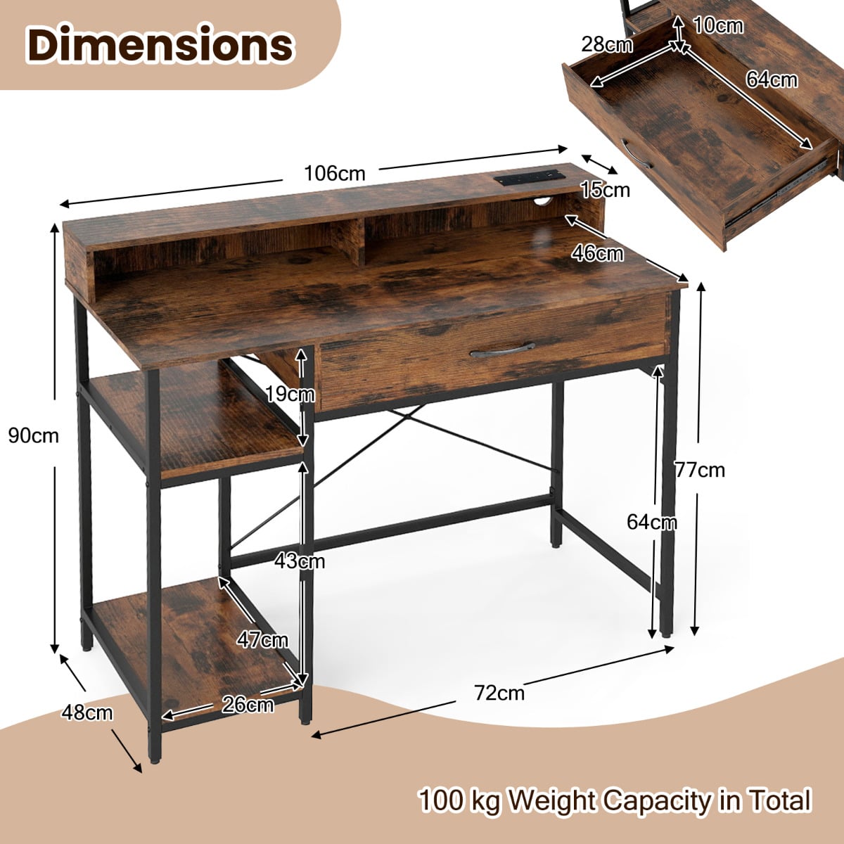 Computer Desk with Power Outlets and Top Shelf-Rustic Brown
