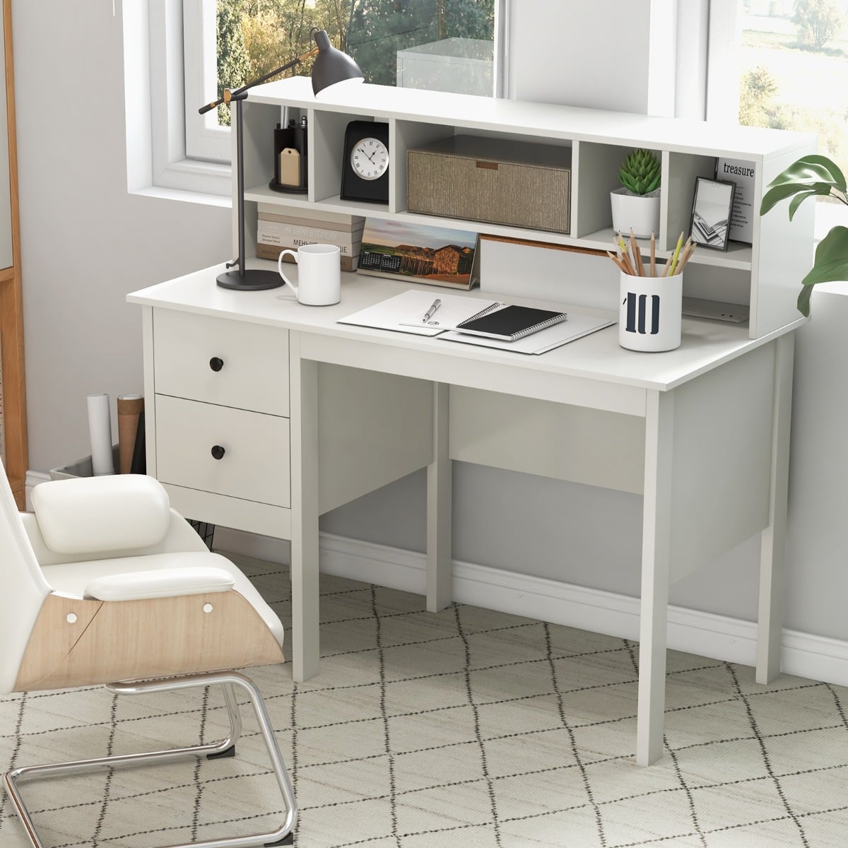 Computer Desk with Power Outlets and 5-Cubby Hutch-White