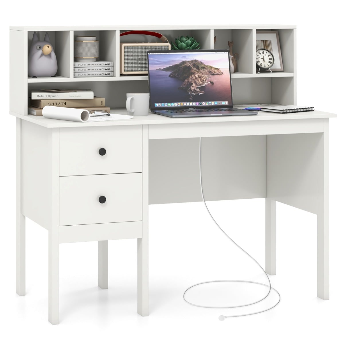 Computer Desk with Power Outlets and 5-Cubby Hutch-White