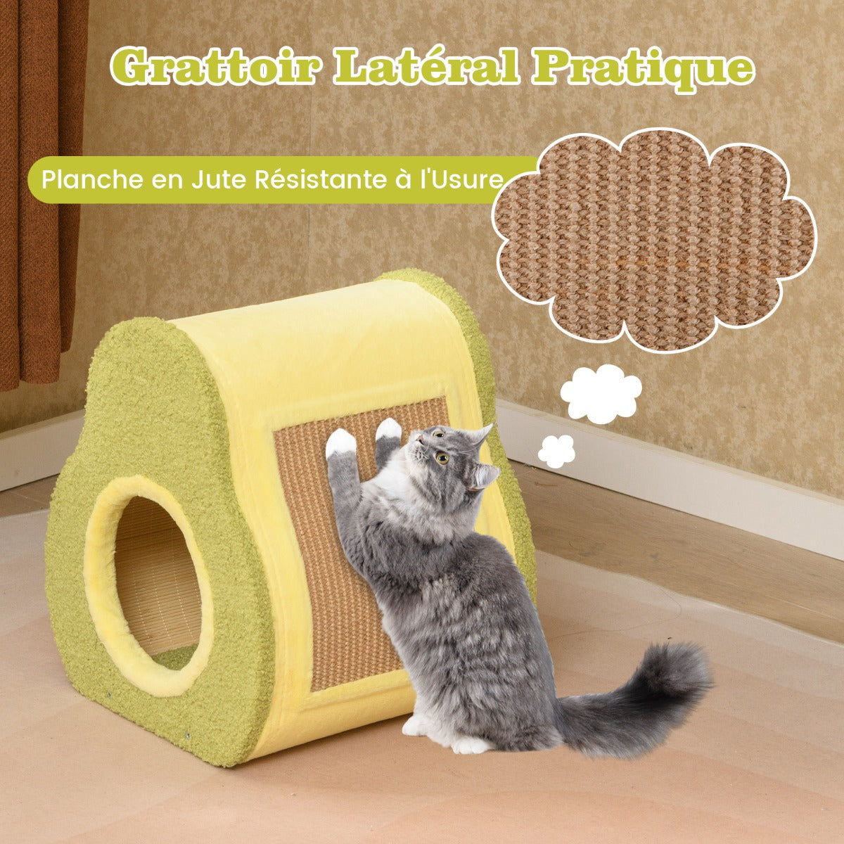 Avocado Shaped Cat House Cute Shelter with Jute Scratching Post Round Cat Hole Compact Condo with Scratching Post 35 x 33 x 40 cm Green