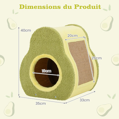 Avocado Shaped Cat House Cute Shelter with Jute Scratching Post Round Cat Hole Compact Condo with Scratching Post 35 x 33 x 40 cm Green