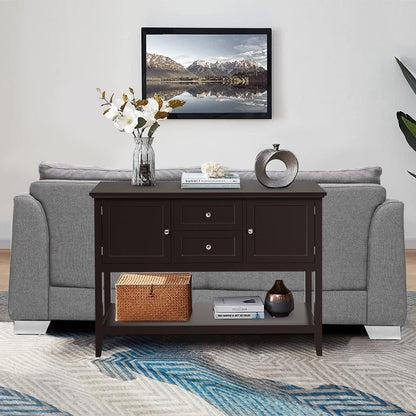 Wooden Buffet Table with Spacious Tabletop and Large Storage Rack-Brown