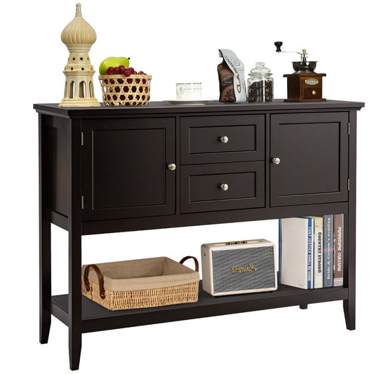 Wooden Buffet Table with Spacious Tabletop and Large Storage Rack-Brown