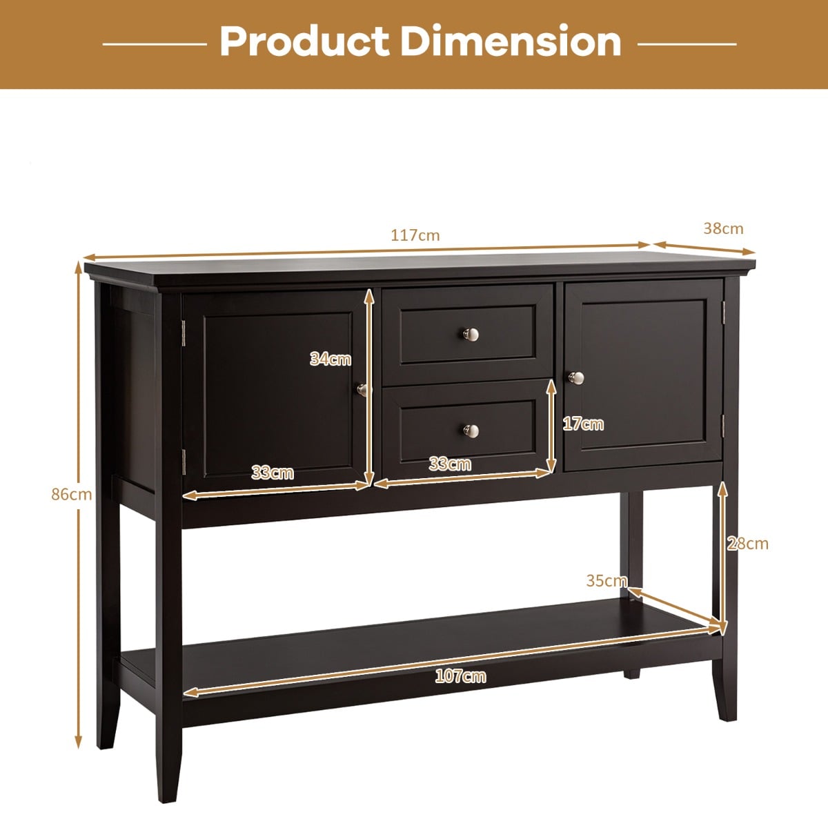 Wooden Buffet Table with Spacious Tabletop and Large Storage Rack-Brown
