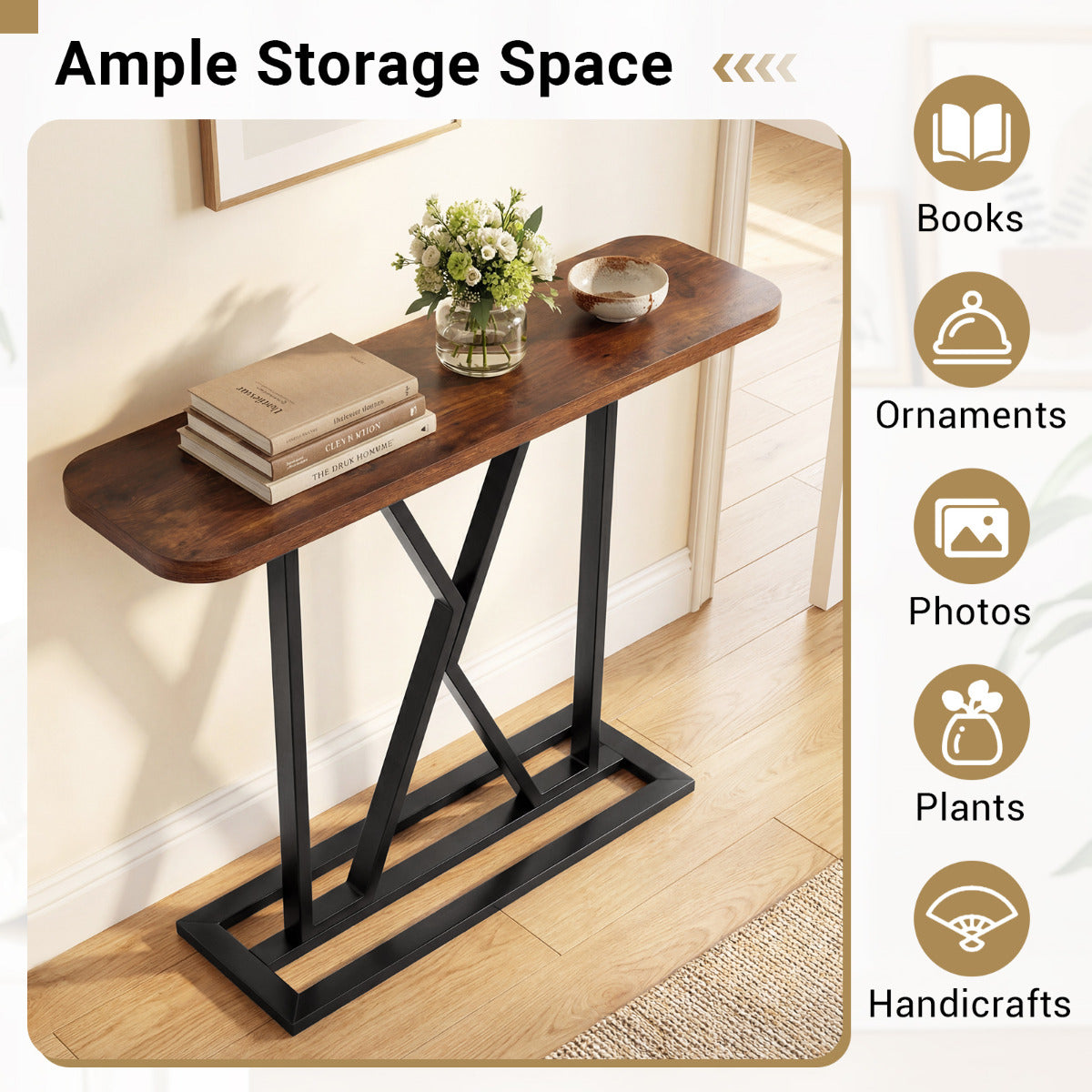 100 cm Rectangular Console Table with Geometric Metal Frame-Rustic Brown