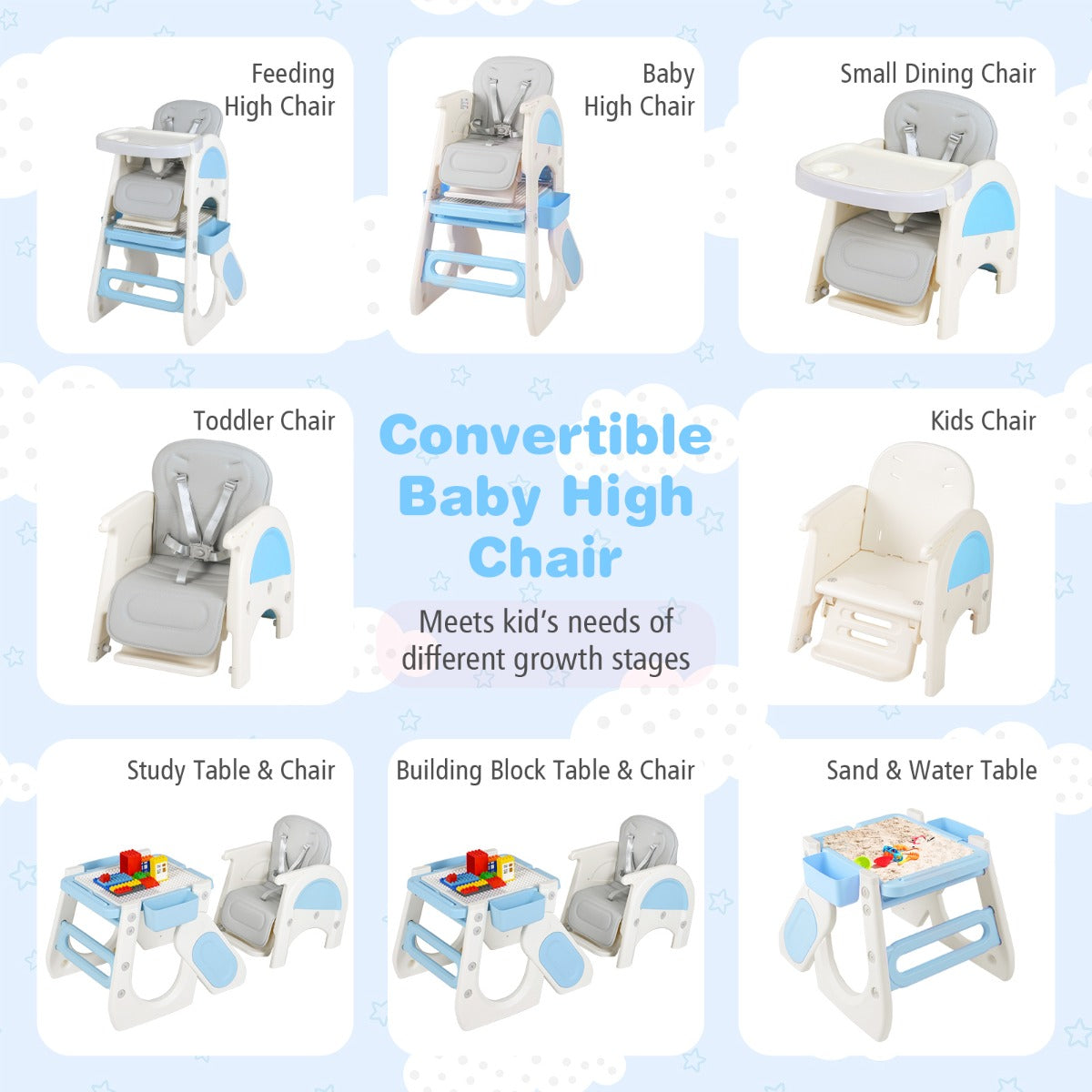 Convertible Baby High Chair with Double-layer Tray and Adjustable Backrest-Blue