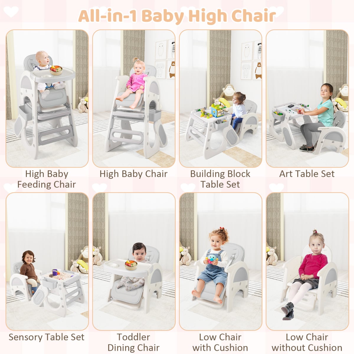 Convertible Baby High Chair with Double-layer Tray and Adjustable Backrest-Grey
