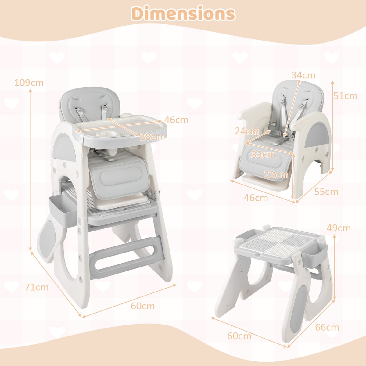 Convertible Baby High Chair with Double-layer Tray and Adjustable Backrest-Grey