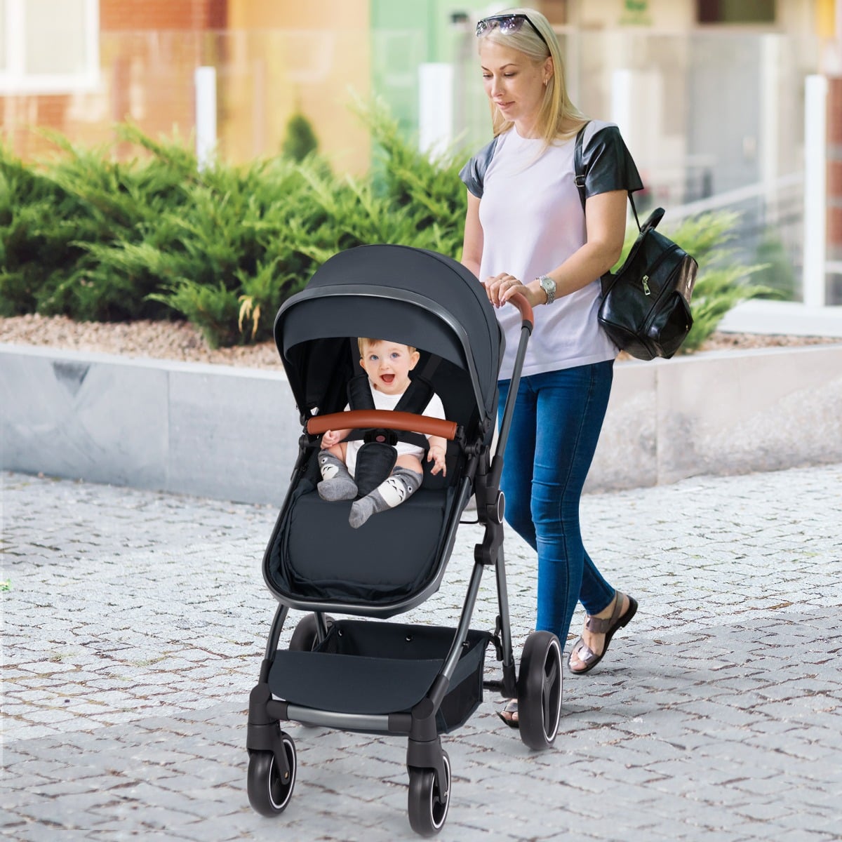 Convertible Baby Stroller with Footmuff and Extendable Canopy-Dark Blue