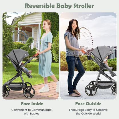 Convertible Baby Stroller with Footmuff and Extendable Canopy-Grey