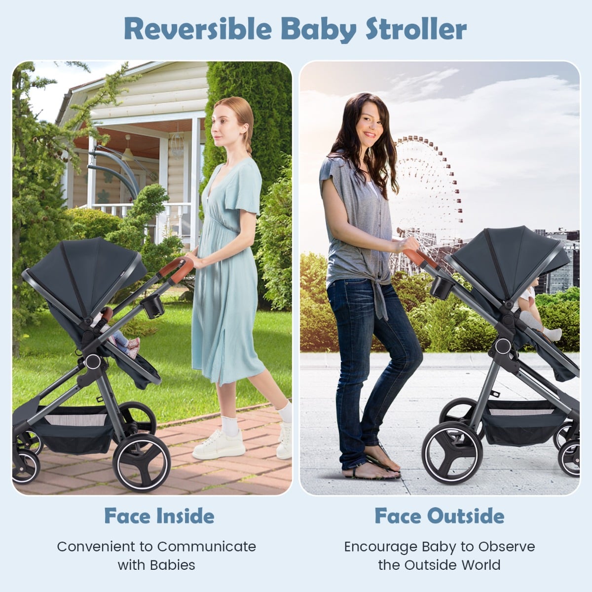 Convertible Baby Stroller with Footmuff and Extendable Canopy-Dark Blue