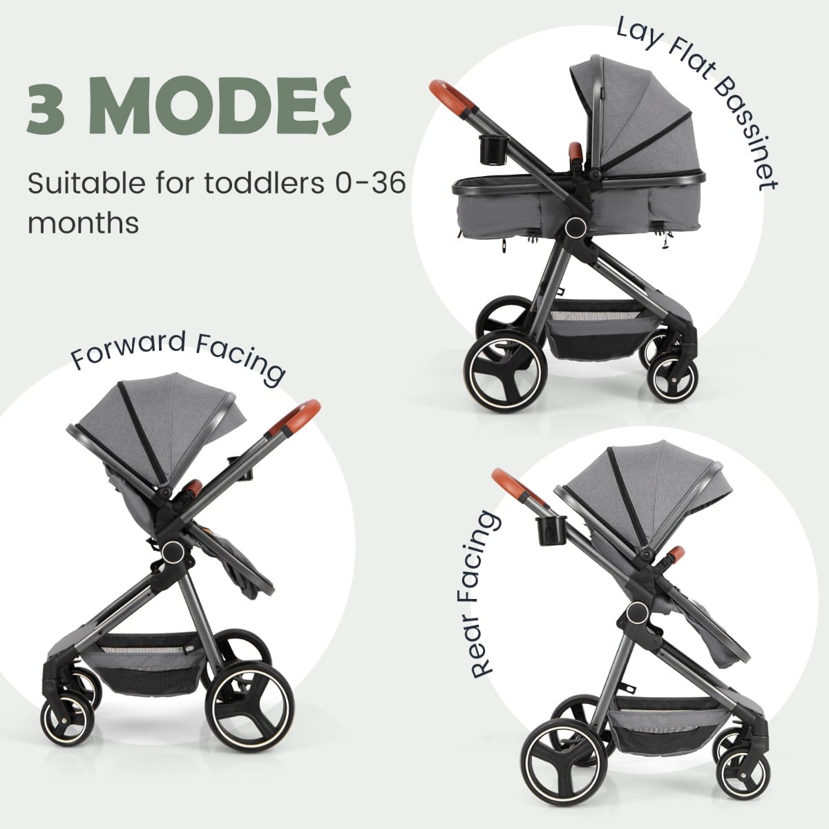Convertible Baby Stroller with Footmuff and Extendable Canopy-Grey