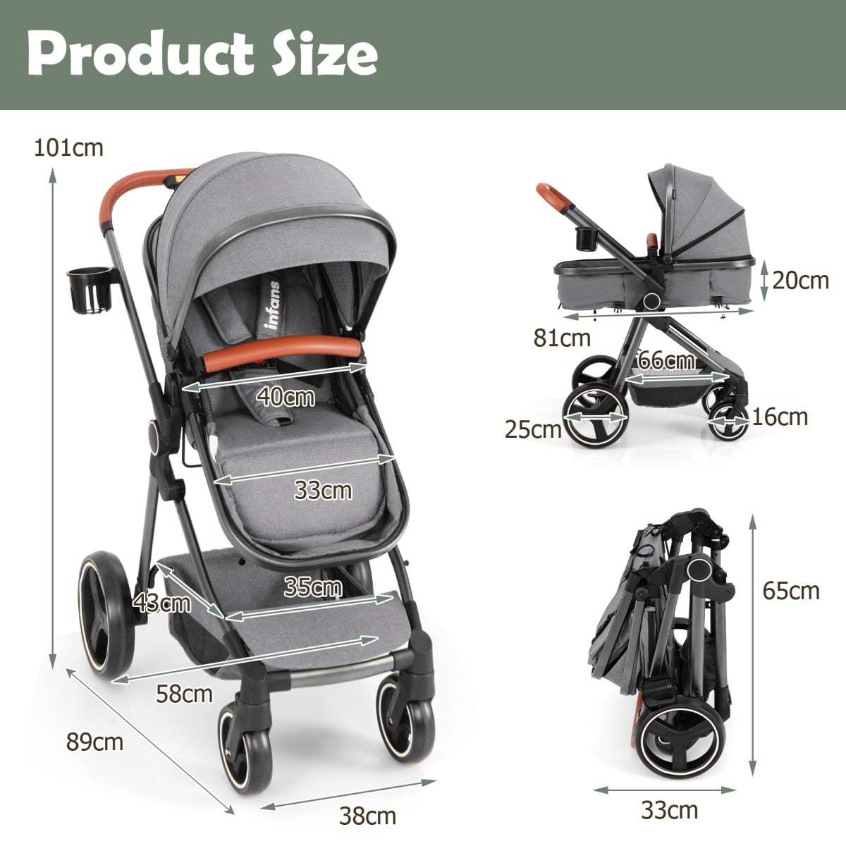 Convertible Baby Stroller with Footmuff and Extendable Canopy-Grey