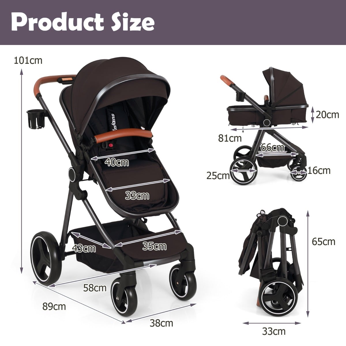 Convertible Baby Stroller with Footmuff and Extendable Canopy-Black