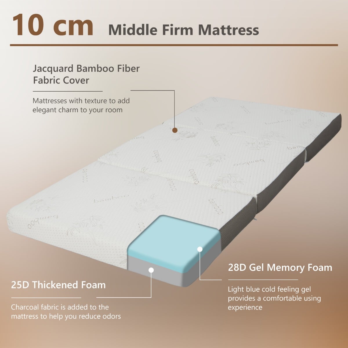Cooling Gel Memory Foam Folding Mattress with Bamboo Cover and Mesh Border Fabric-S