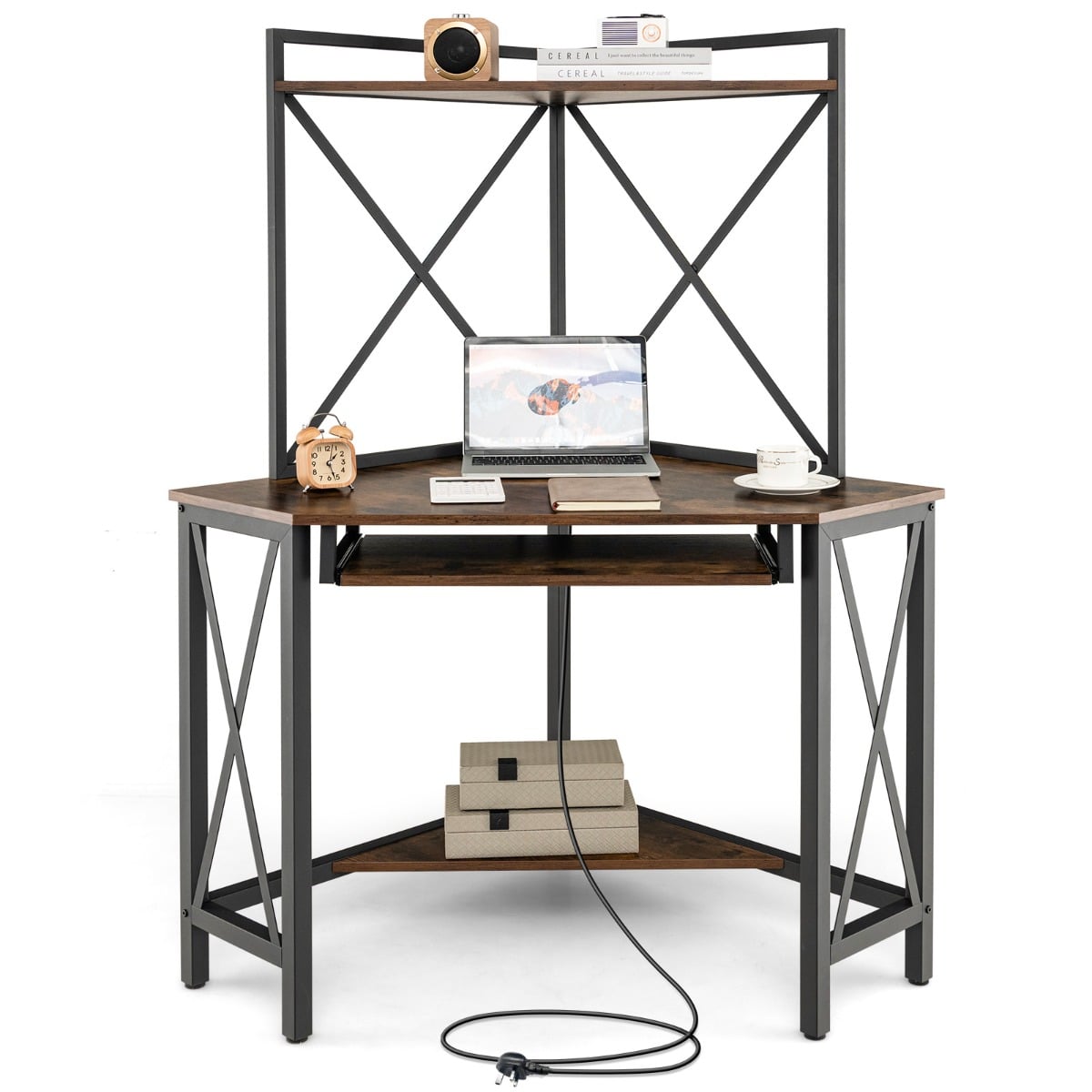 Corner Computer Desk with Hutch Storage Shelves and Keyboard Tray-Rustic Brown