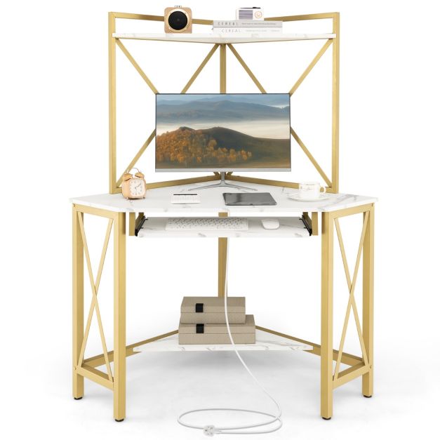 Corner Computer Desk with Hutch Storage Shelves and Keyboard Tray-White