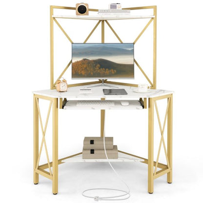 Corner Computer Desk with Hutch Storage Shelves and Keyboard Tray-White