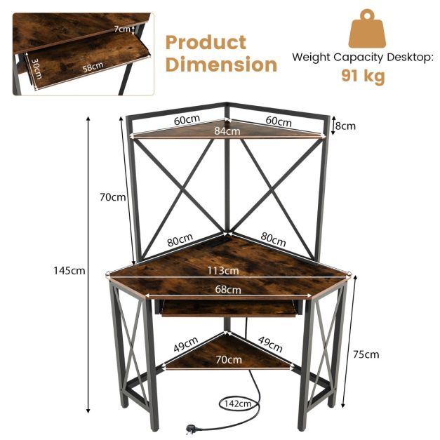 Corner Computer Desk with Hutch Storage Shelves and Keyboard Tray-Rustic Brown