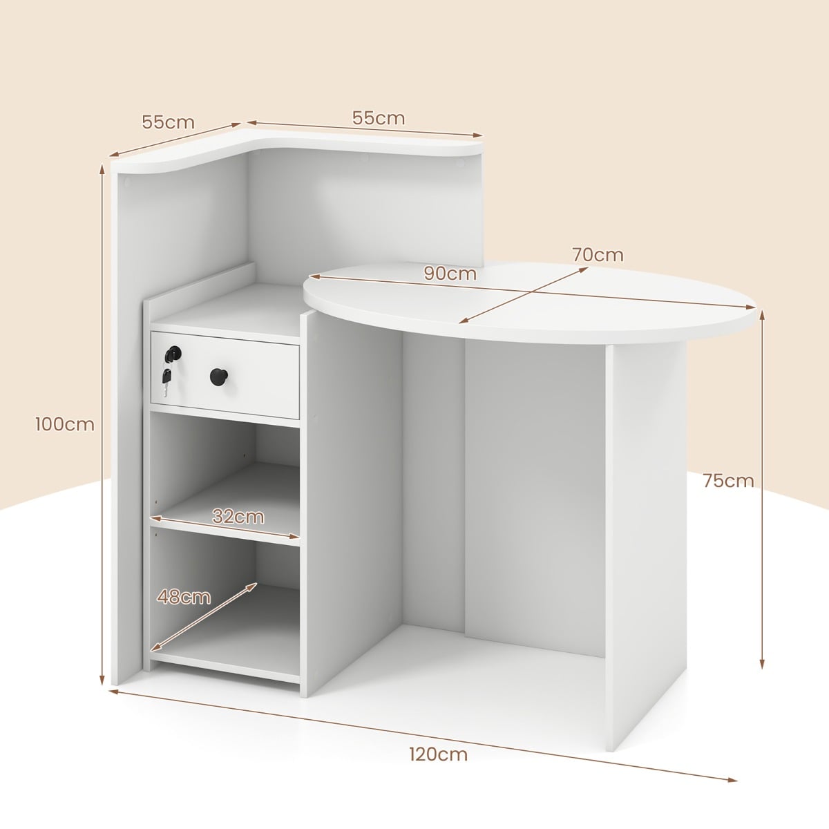 Corner Front Reception Counter Desk with Lockable Drawer-White