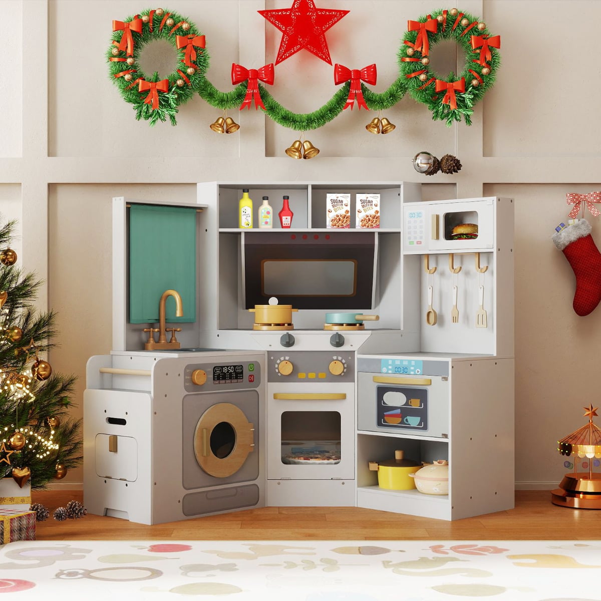 Corner Kitchen Playset with Pull-out Trash Can-Light Grey