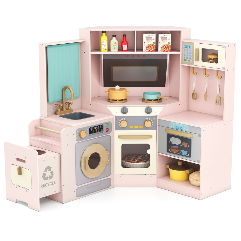 Corner Kitchen Playset with Pull-out Trash Can-Pink