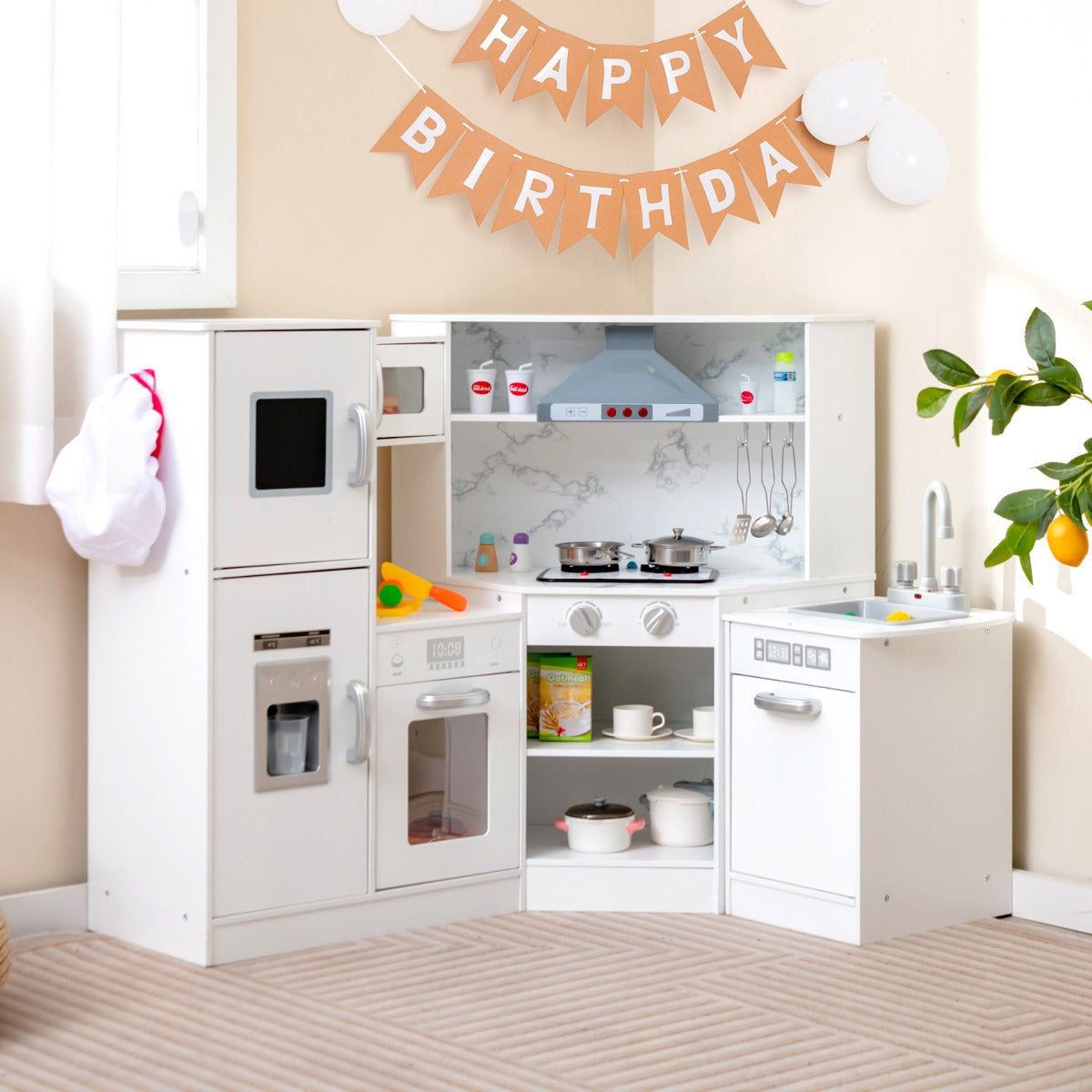 Kids Corner Kitchen Playset with Separated Washing Basin-White