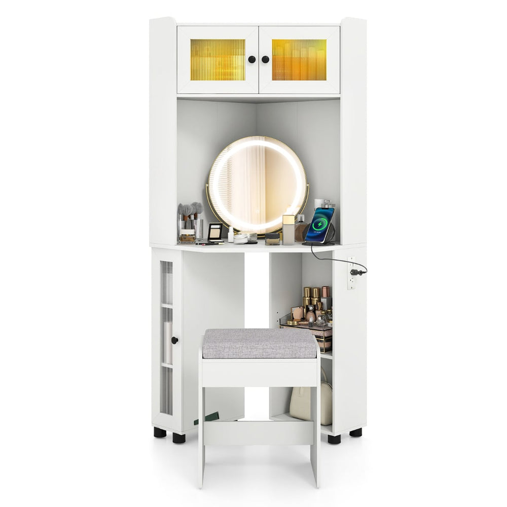 Corner Vanity Desk with Charging Station and Cushioned Stool-White